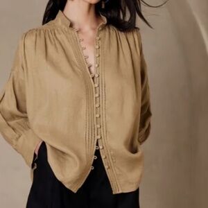BANANA REPUBLIC Embroidered Mira Linen Blouse - Pleated sleeves - Khaki - XXL